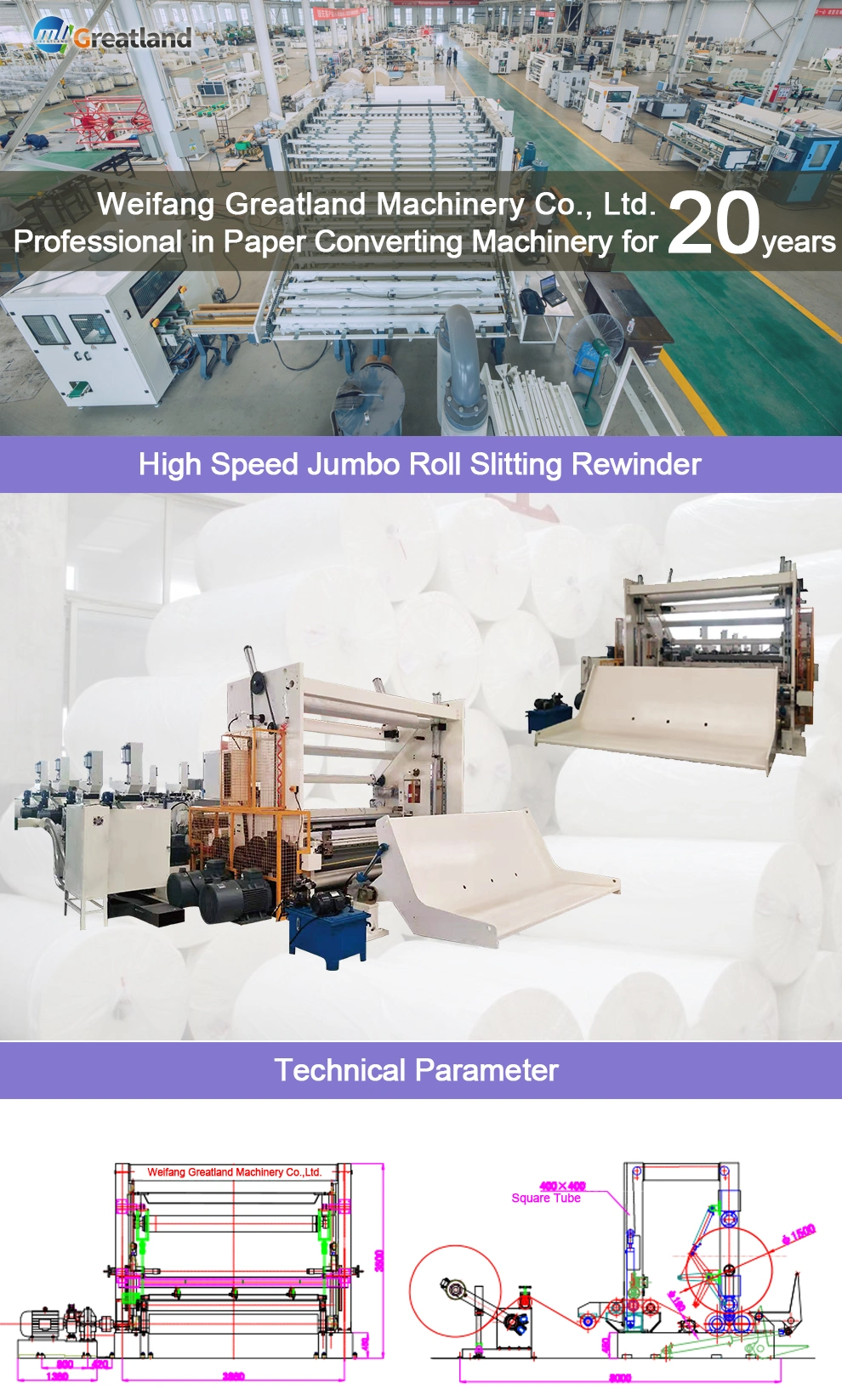 Greatland Easy Jumbo Plastic Roll to Roll Rewinder Whit Shaft Less Core System of Jumbo Tissue Roll Slitting Machine